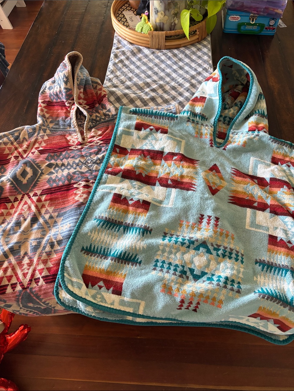 Kids Hooded Poncho Towels - Aqua Tribal Print